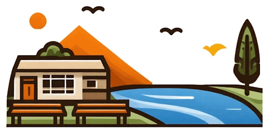 a house next to a river and behind is a mountain