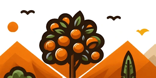 graphic of a orange tree with mountains