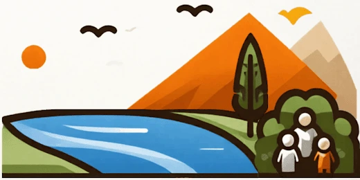 a family next to a river and a mountain