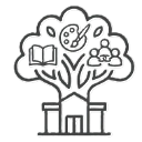 a building that has a tree and inside there is a book, paint and people thumbnail